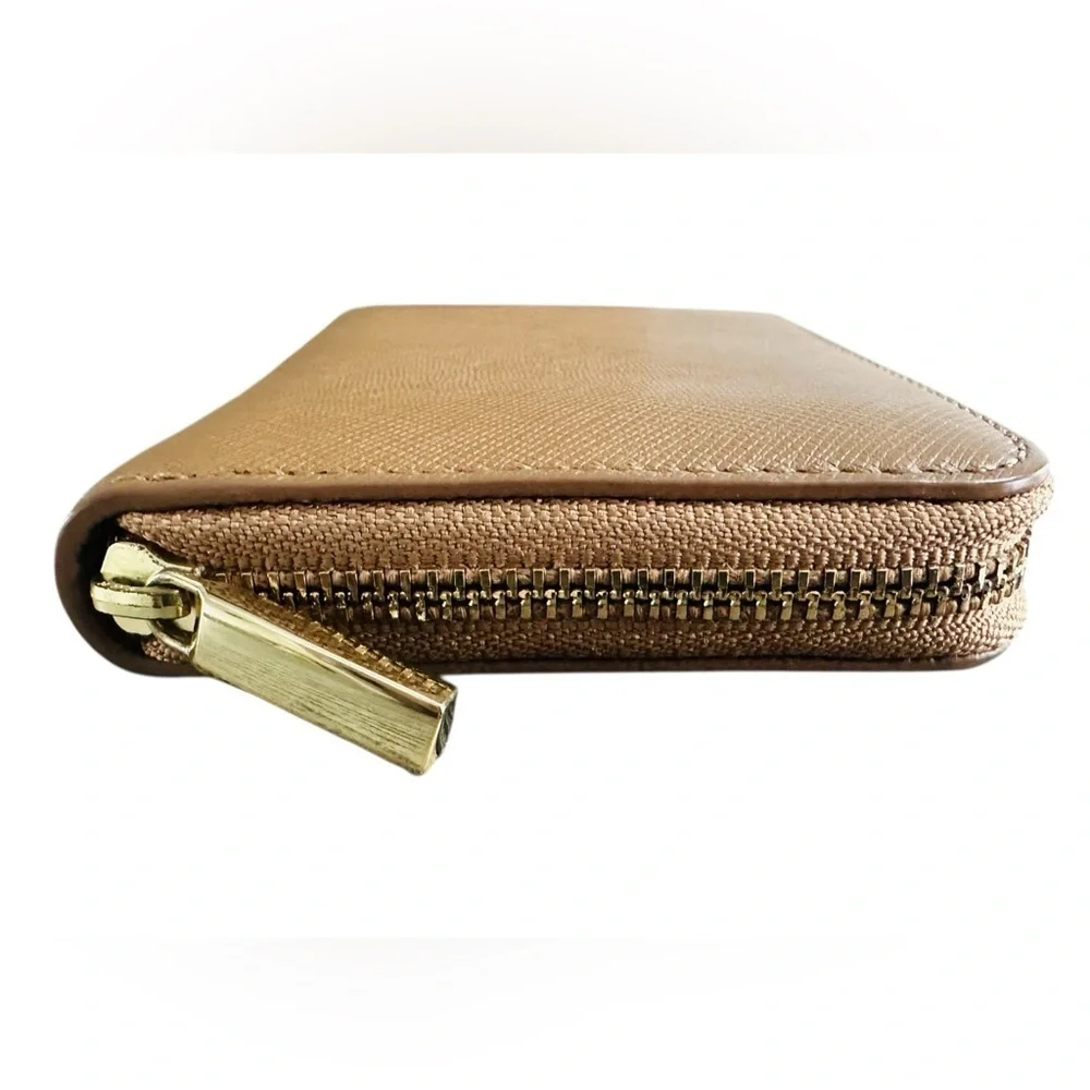 Tory Burch Key Ring Zip Around Mini Wallet Camel with Gold Logo 4 Inner Pockets